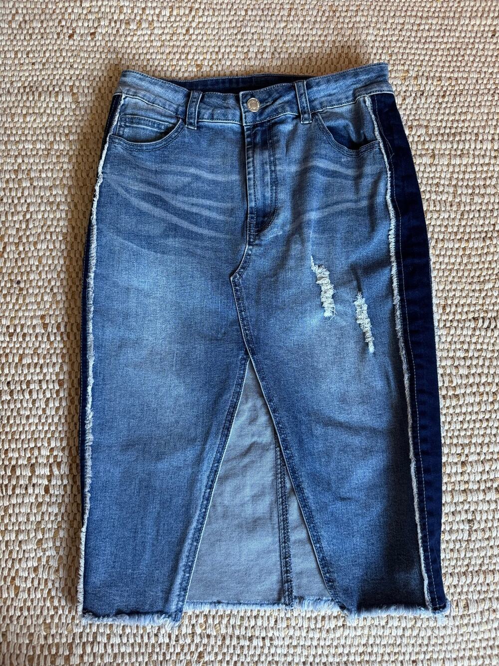 Litz Stretchy Denim Distressed Blue Denim Midi Skirt Side Stripe Y2K Boho M
